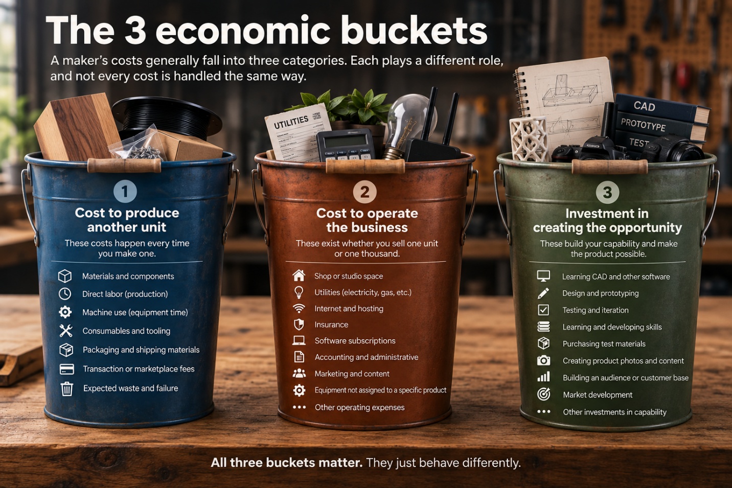Three economic buckets: cost to produce another unit, cost to operate the business, and investment in creating the opportunity